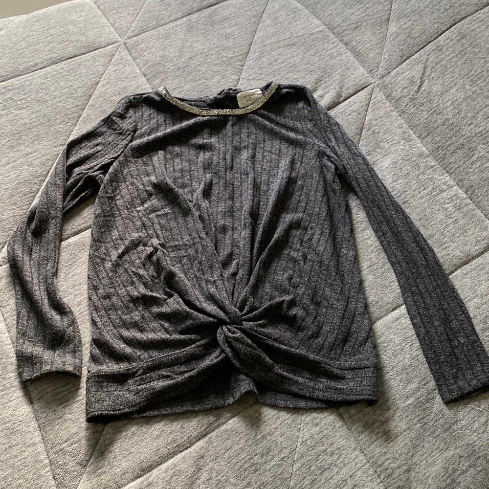 Dark gray sweater with rhinestone neckline, size M